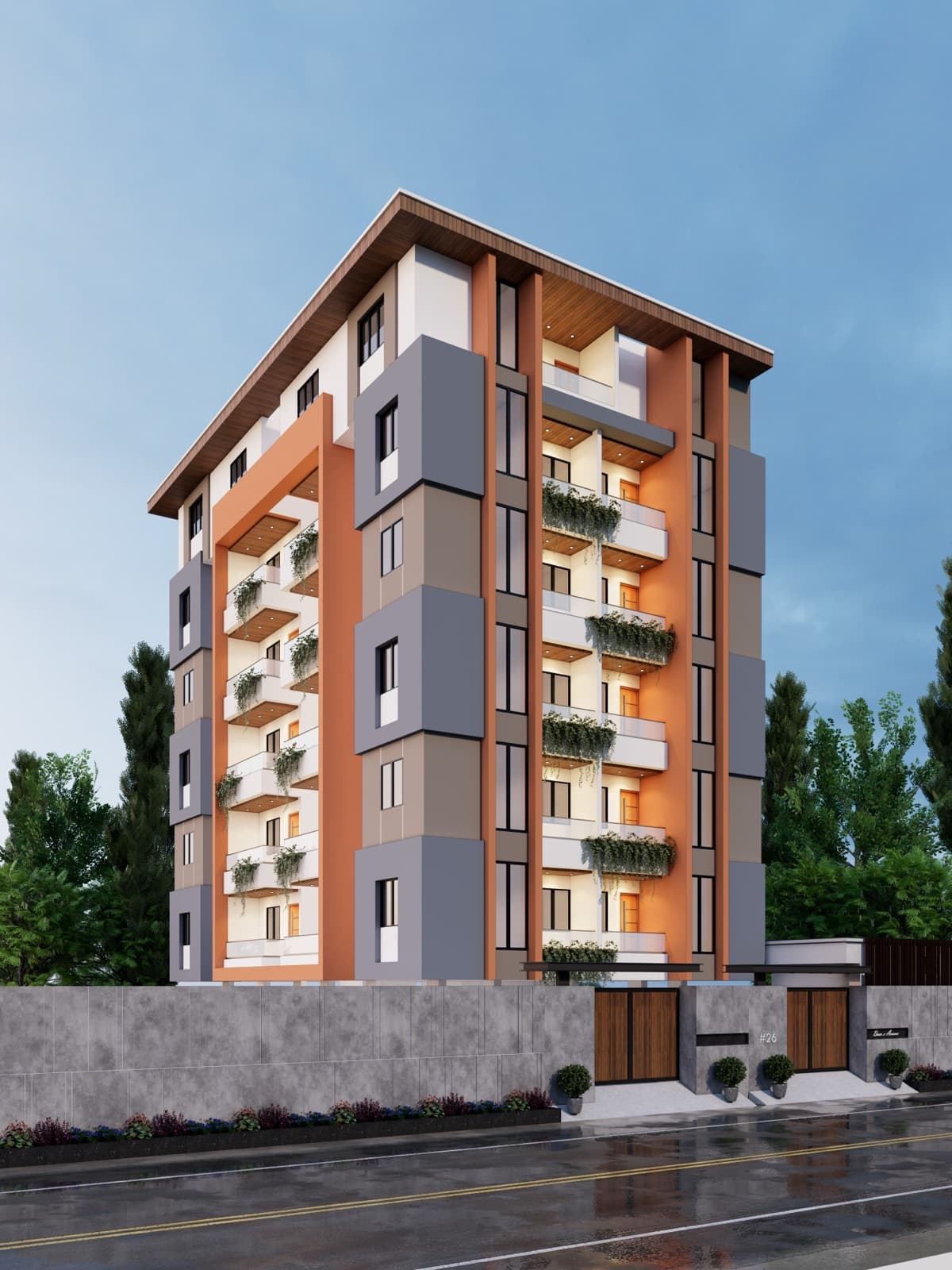Photorealistic 3D render of a modern apartment building elevation with balconies and planters, Pune